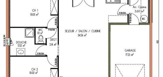 Plan de maison Surface terrain 67 m2 - 3 pièces - 2  chambres -  sans garage 