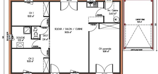 Plan de maison Surface terrain 84 m2 - 4 pièces - 3  chambres -  sans garage 