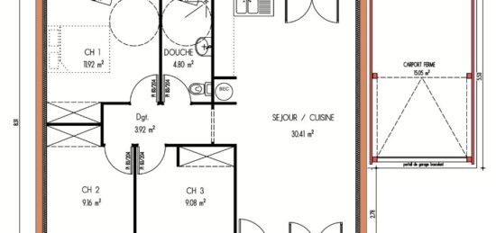 Plan de maison Surface terrain 69 m2 - 4 pièces - 3  chambres -  sans garage 