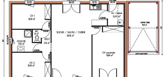 Plan de maison Surface terrain 84 m2 - 4 pièces - 3  chambres -  sans garage 