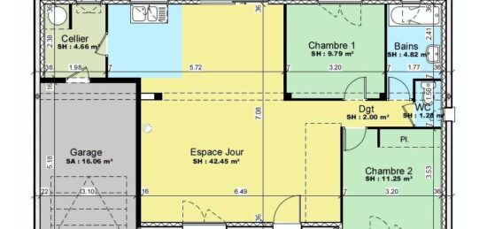 Plan de maison Surface terrain 76 m2 - 4 pièces - 2  chambres -  avec garage 