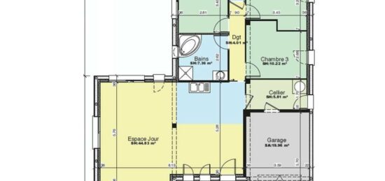 Plan de maison Surface terrain 93 m2 - 5 pièces - 3  chambres -  avec garage 