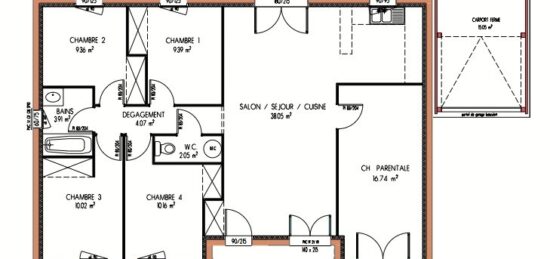 Plan de maison Surface terrain 103 m2 - 6 pièces - 5  chambres -  sans garage 