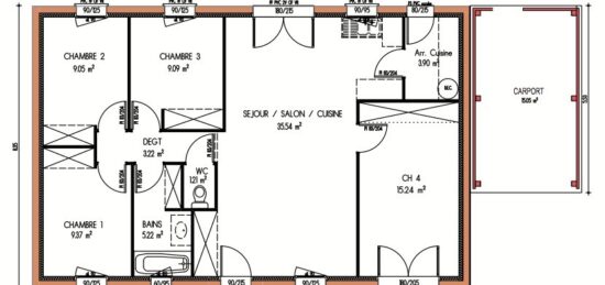 Plan de maison Surface terrain 91 m2 - 5 pièces - 4  chambres -  sans garage 