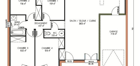 Plan de maison Surface terrain 87 m2 - 5 pièces - 4  chambres -  avec garage 