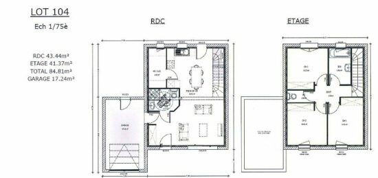 Plan de maison Surface terrain 84 m2 - 5 pièces - 3  chambres -  avec garage 